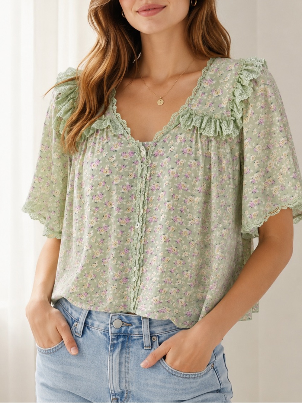 Laurel Grey • Sage Green Floral Cottagecore Blouse Lace Trim